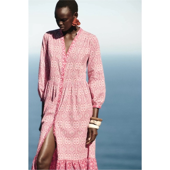 Zara Printed Midi Dress Pink Floral Button Front Tiered Boho Cotton 5029/ - Picture 3 of 13